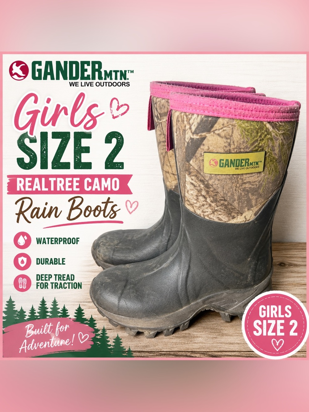 Gander Mountain Girls Realtree Camo Rain Boots with Pink Trim - Size 2